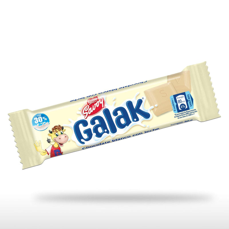 GALAK® es una tableta de chocolate blanco con leche. es la opción ideal de chocolate blanco con sabor venezolano.  Presentación de 30 gr (1.05 oz) ideal para compartir. Ingredientes: Azúcar, Leche (30%), Manteca de Cacao (26%), Lecitina de Soya (Emulsificante) y Etilvainillina (Sabor Artificial).