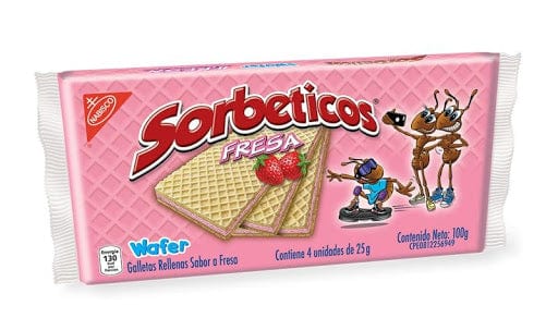 Sorbeticos Fresa, galletas tipo wafer con sabor a fresa. Cada bocado te hace recordar momentos únicos, un sabor inigualable e irremplazable en los hogares Venezolanos. Presentación de 4 paquetes de 25 gr (0.88 oz) cada uno.  Fabricado por Nabisco